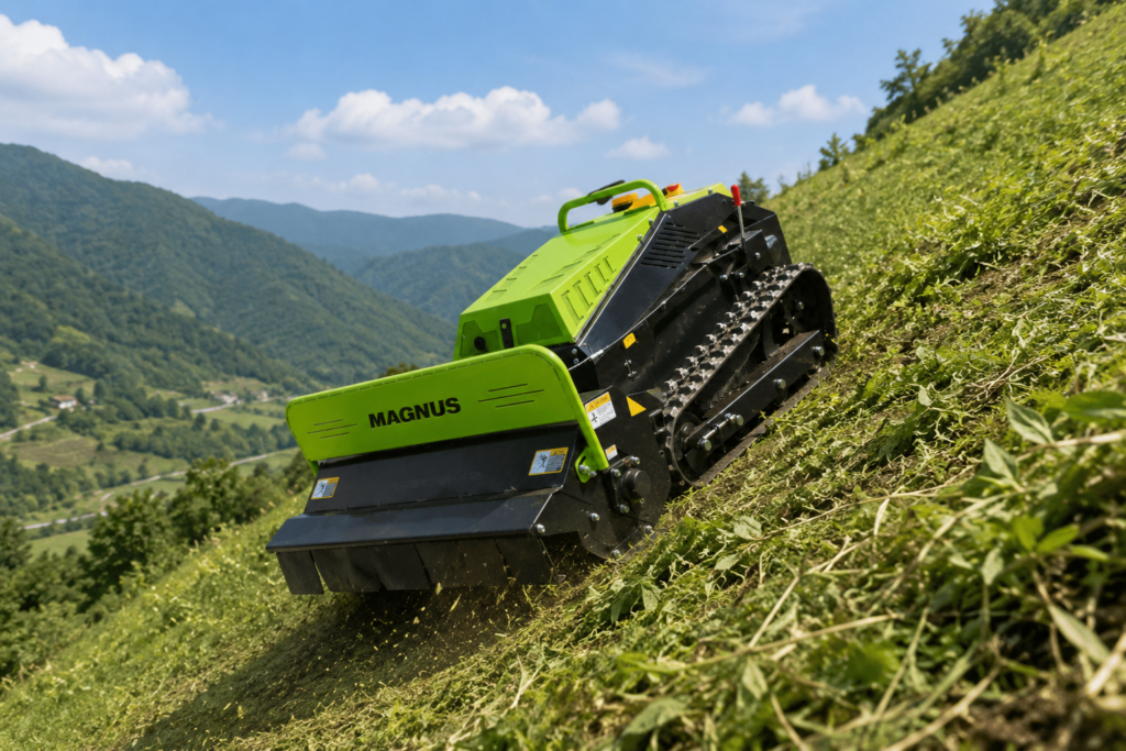 Remote control crawler slope mower working on mountain hillside