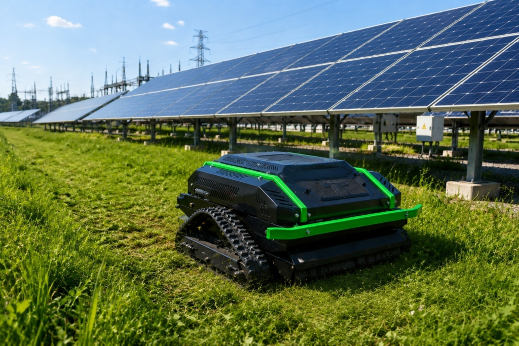 Remote control lawn mower cutting grass at solar power station