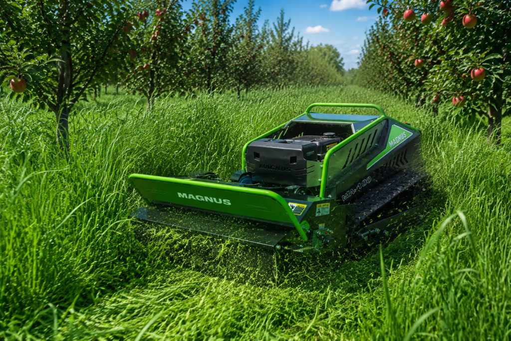 Remote control mower trimming grass in fruit orchard