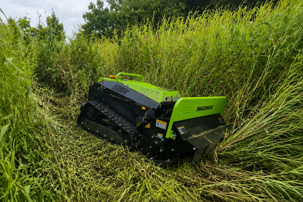 Remote controlled crawler brush mower cutting thick overgrown weeds